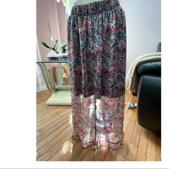 NOBO Pull On Asymmetrical Skirt Navy Blue Pink Ditsy Floral Ruffle - Picture 3 of 12